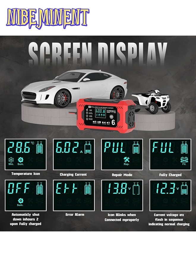 NIBEMINENT شاحن بطارية ذكي 12 فولت 6 أمبير مع شاشة LCD، شاحن سريع/تدريجي 12 فولت 6 أمبير، حماية من الشحن الزائد/السخونة الزائدة/الدوائر القصيرة/القطبية العكسية، وضع تشغيل تلقائي، تحكم بواسطة معالج دقيق، متوافق مع AGM/GEL/SLA/Wet/EFB، سعة 4-100Ah، قابس المملكة المتحدة (110-240 فولت) للشاحنات، الدراجات النارية، جزازات العشب، البحرية، RV، القوارب، أنظمة الطاقة الشمسية - شاحن بطارية ثقيل، شاحن سيارة، شاحن ذكي - Image 3